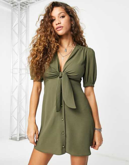 ASOS DESIGN - Kakigrøn minikjole med bindebånd foran og gennemgående knapper