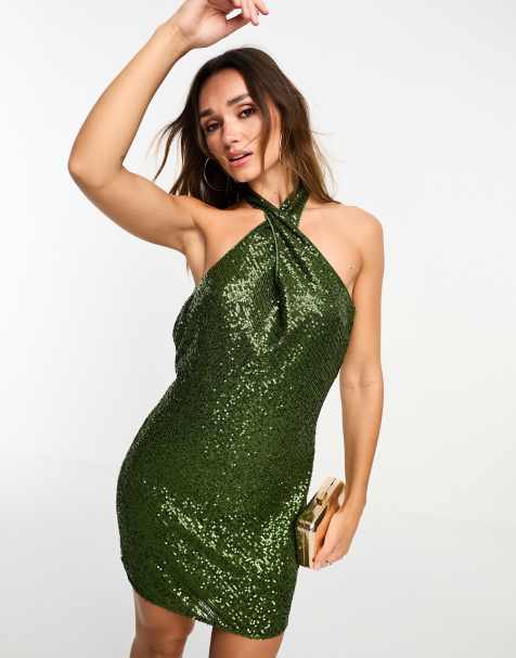 ASOS DESIGN - Kakigrøn minikjole med udsmykning og snoet halterneck i paillet-stof - view 1