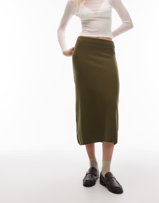 ASOS DESIGN - Kakigrøn nederdel i 90'er-længde i fin strik - Del af sæt, 4 af 5