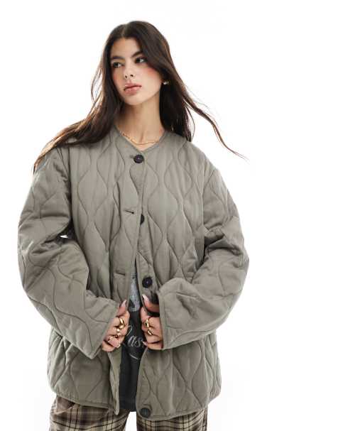 ASOS DESIGN - Kakigrøn og quiltet jakke uden krave med delfinsømkant - view 1