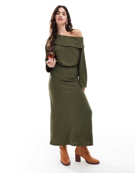 ASOS DESIGN - Kakigrøn og ribstrikket midikjole med sænkede skuldre - view 1