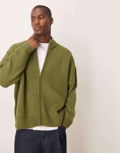 ASOS DESIGN - Kakigrøn og superoversized cardigan med firkantet pasform og lynlås i børstet strik - view 1