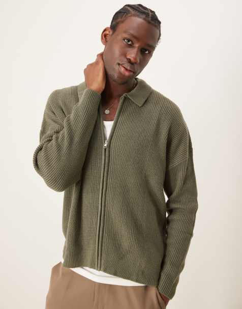 ASOS DESIGN - Kakigrøn oversized cardigan med krave og gennemgående lynlås i ribstrik - view 1