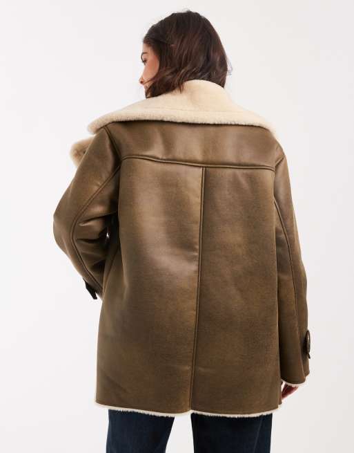ASOS DESIGN - Kakigrøn oversized flyverjakker i bonded imiteret lammeskind, 3 af 4