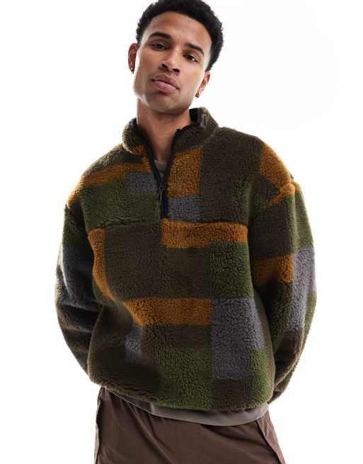 ASOS DESIGN - Kakigrøn, oversized og firkantet sweatshirt i plys med kvart lynlås og abstrakt print