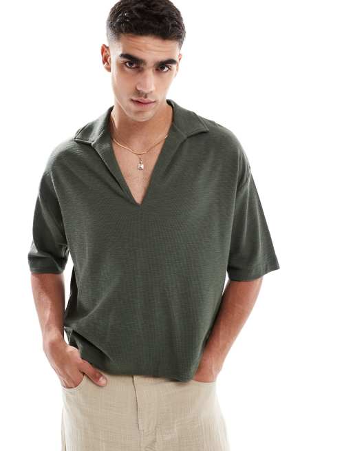 ASOS DESIGN - Kakigrøn oversized polo med dyb V-hals og tekstur