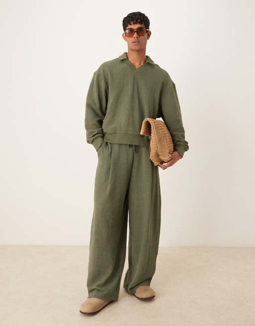 ASOS DESIGN - Kakigrøn oversized polo-sweatshirt i hørlook i firkantet pasform