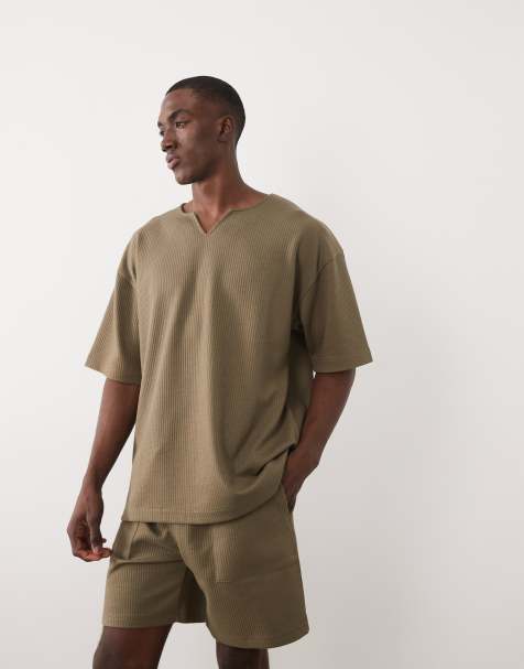 ASOS DESIGN - Kakigrøn oversized T-shirt i kraftig seersucker - Del af sæt - view 1
