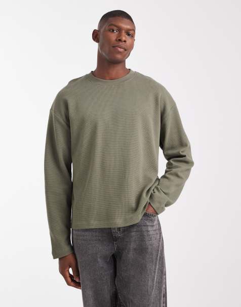 ASOS DESIGN - Kakigrøn oversized T-shirt med lange ærmer og vaffeltekstur i firkantet pasform - view 1