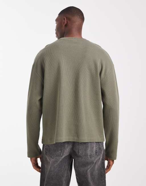 ASOS DESIGN - Kakigrøn oversized T-shirt med lange ærmer og vaffeltekstur i firkantet pasform  , 3 af 5