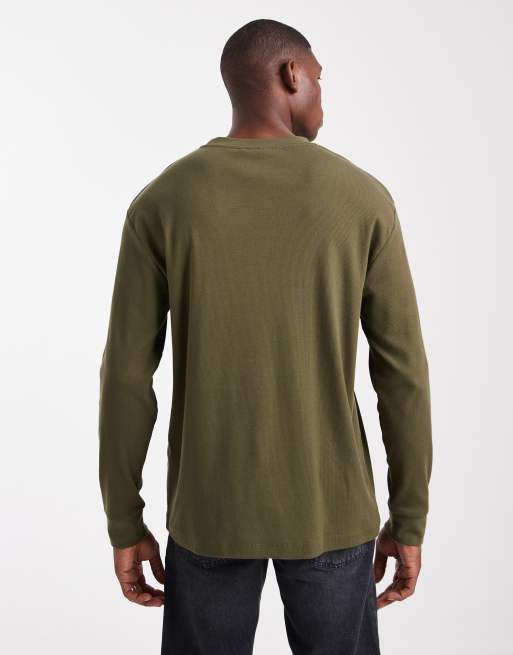 ASOS DESIGN - Kakigrøn ribstrikket oversized T-shirt med lange ærmer og tekstgrafik i regular fit, 3 af 5