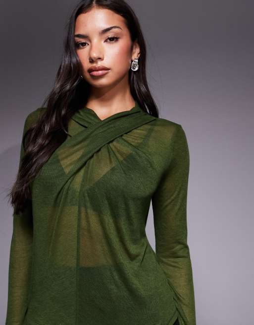 ASOS DESIGN - Kakigrøn semitransparent langærmet overdel med strikket look og draperet hals, 3 af 4