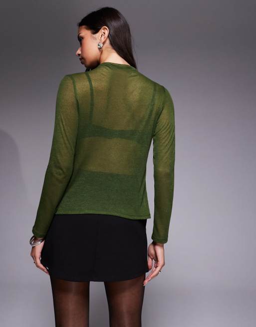 ASOS DESIGN - Kakigrøn semitransparent langærmet overdel med strikket look og draperet hals, 4 af 4