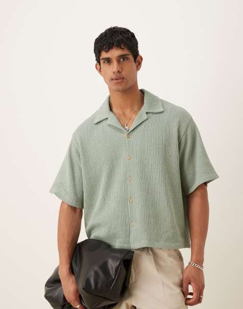 ASOS DESIGN - Kakigrøn skjorte i strik med ærmer i halv længde og firkantet samt oversized pasform - view 1