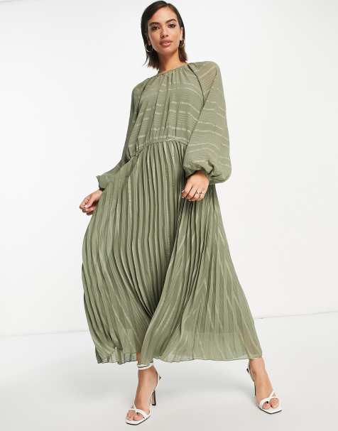 ASOS DESIGN - Kakigrøn smock-maxikjole med sænket talje, plisseringer forneden og vævede striber - view 1