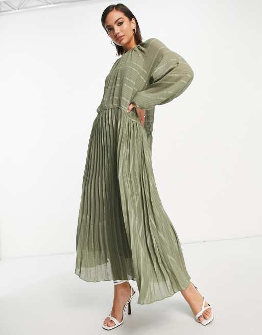 ASOS DESIGN - Kakigrøn smock-maxikjole med sænket talje, plisseringer forneden og vævede striber, 2 af 4