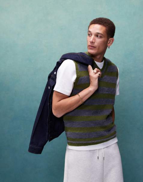 ASOS DESIGN - Kakigrøn stribet vest i vamset strik - view 1
