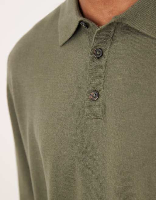 ASOS DESIGN - Kakigrøn strikket afslappet polotrøje med lange ærmer, 5 af 5