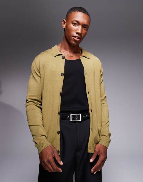 ASOS DESIGN - Kakigrøn strikket langærmet polo med knapper - Del af sæt - view 1