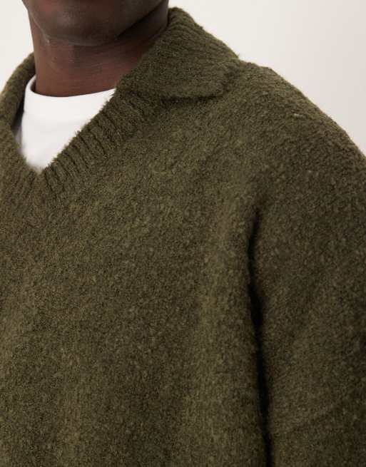 ASOS DESIGN - Kakigrøn strikket oversized trøje med tekstur og hak i halsen i firkantet pasform, 3 af 4