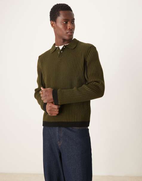 ASOS DESIGN - Kakigrøn strikket trøje med polokrave og kontrasterende striber i afslappet, firkantet pasform - view 1