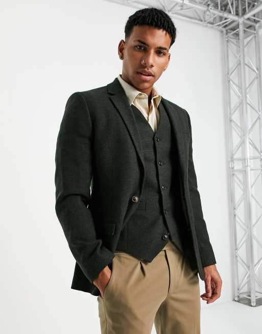 ASOS DESIGN - Kakigrøn super skinny-habitjakke i tweed- og uldblanding