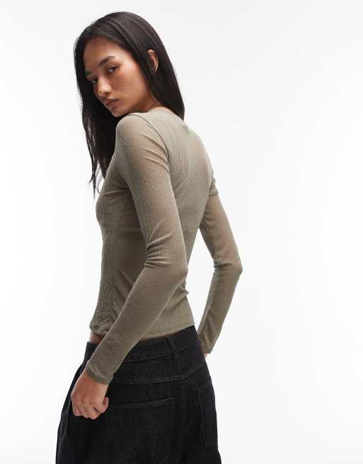 ASOS DESIGN - Kakigrøn transparent ribstrikket langærmet overdel, 3 af 4