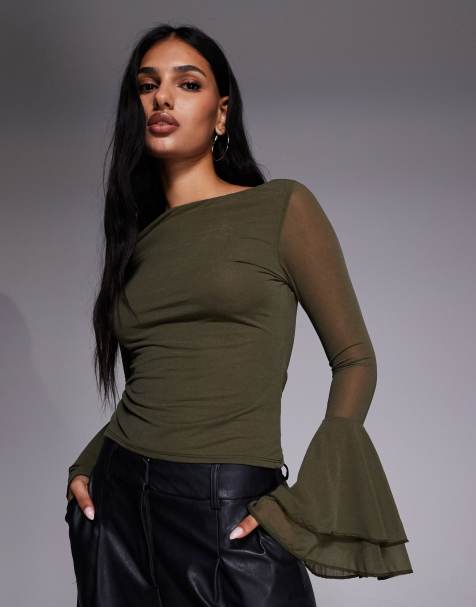 ASOS DESIGN - Kakigrøn tætsiddende top med lange ærmer med svaj i mesh - view 1