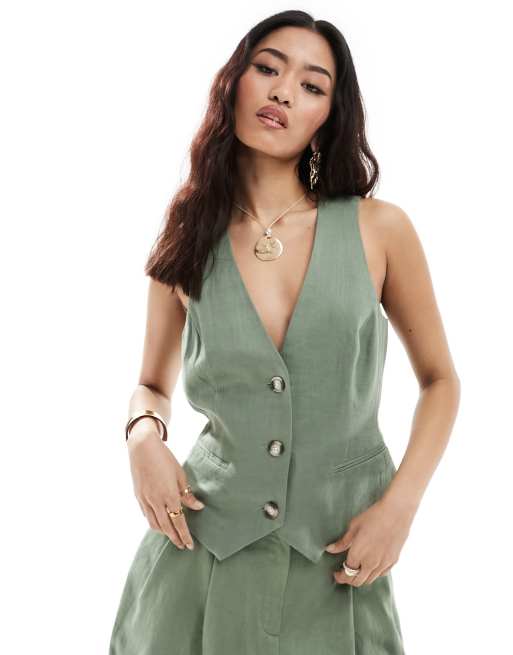 ASOS DESIGN - Kakigrøn vest i hørblanding