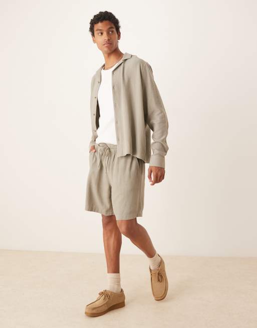ASOS DESIGN - Kakigrønne baggy pull-on shorts i hørrigt stof - Del af sæt 