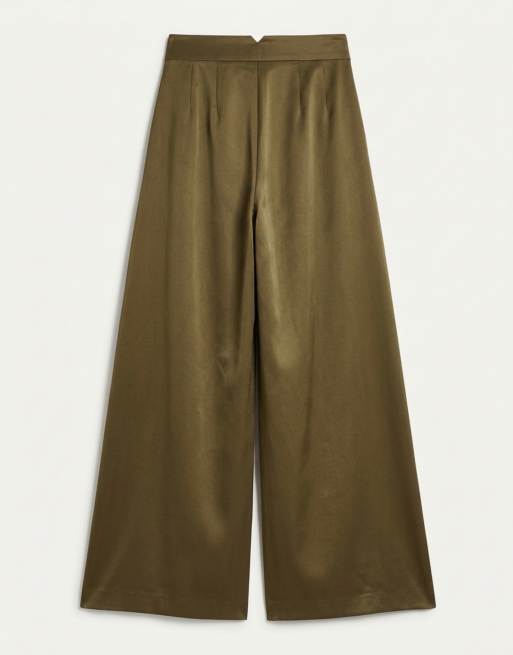 ASOS DESIGN - Kakigrønne skræddersyede bukser med vide ben i satin, 7 af 9