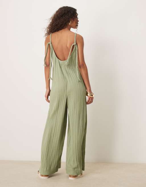 ASOS DESIGN - Kakigrønt jumpsuit med dyb og rund hals og flettede bindedetaljer i dobbeltstof, 2 af 4