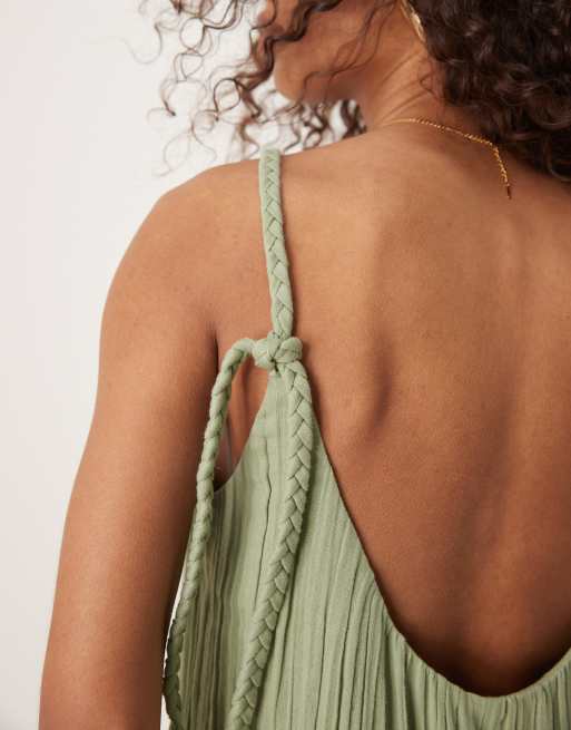 ASOS DESIGN - Kakigrønt jumpsuit med dyb og rund hals og flettede bindedetaljer i dobbeltstof, 3 af 4