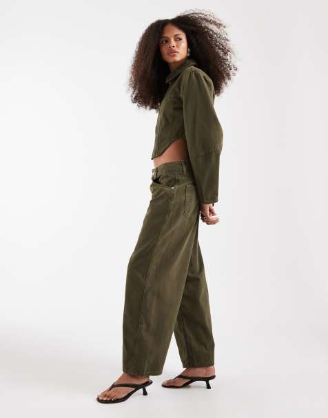 ASOS DESIGN - Kakigrønt sæt i denim med korsettop og lavtaljede jeans med tøndeformede ben - view 1