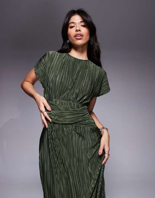 ASOS DESIGN – Kakigrön, ärmlös, plisserad maxiklänning med snurrad knut framtill, 2 av 4