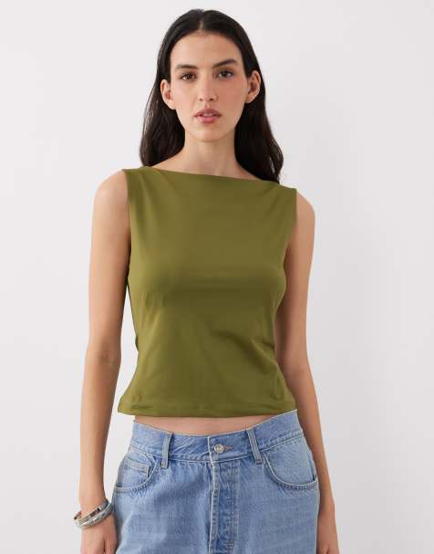 ASOS DESIGN – Kakigrön, åtsmitande topp i polyamid med fyrkantig ringning - view 1