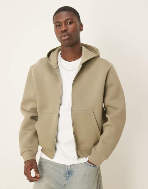 ASOS DESIGN – Kakigrön, avslappnad kraftig huvtröja med boxig passform och dragkedja i scubaliknande material - view 1