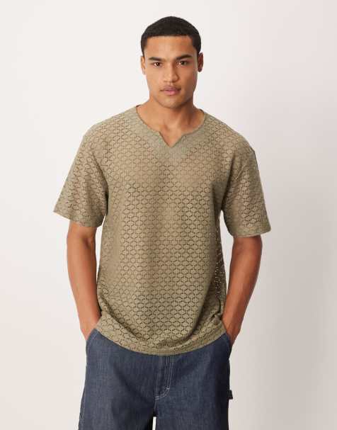 ASOS DESIGN – Kakigrön, avslappnad t-shirt med sprund vid halsen - view 1