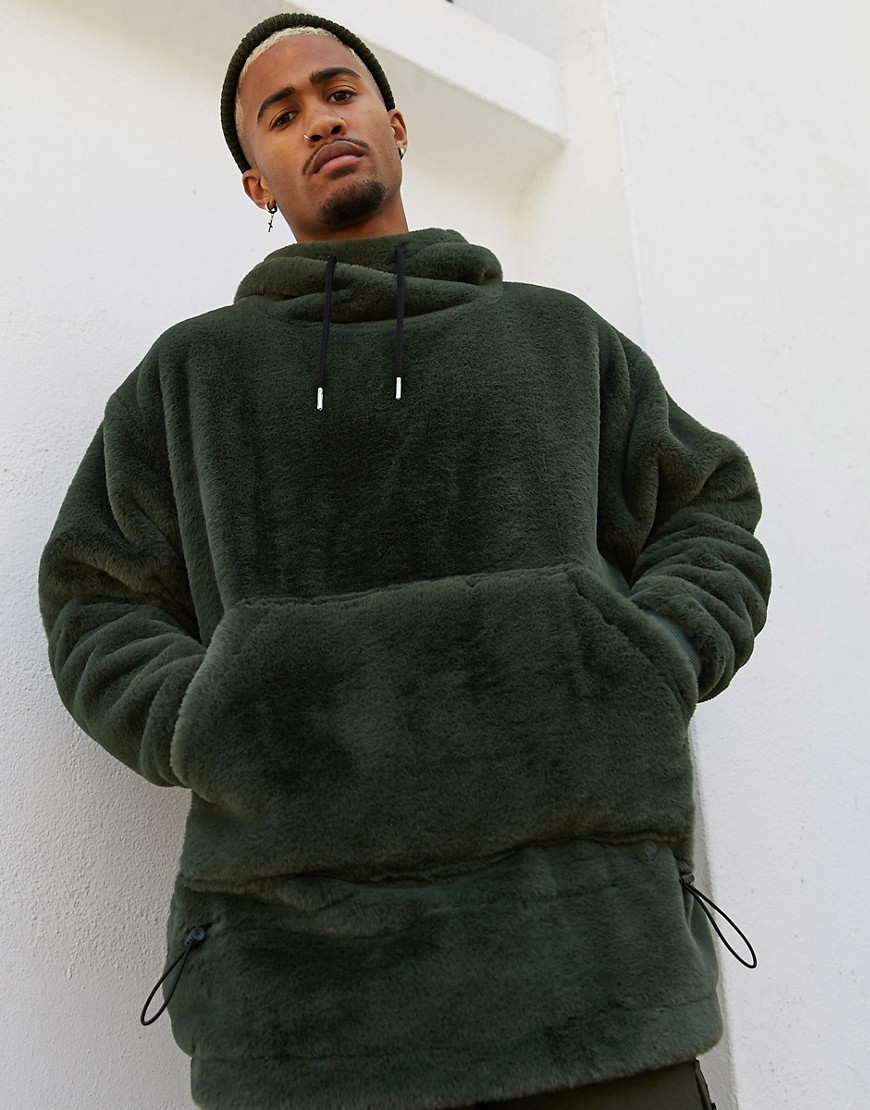 ASOS DESIGN – Kakigrön huvtröja med fleece, ståkrage och dragsko i oversize-modell