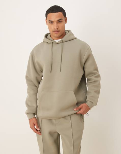 ASOS DESIGN – Kakigrön, kraftig, avslappnad huvtröja i scubaliknande material med fast fåll och dragsko - view 1