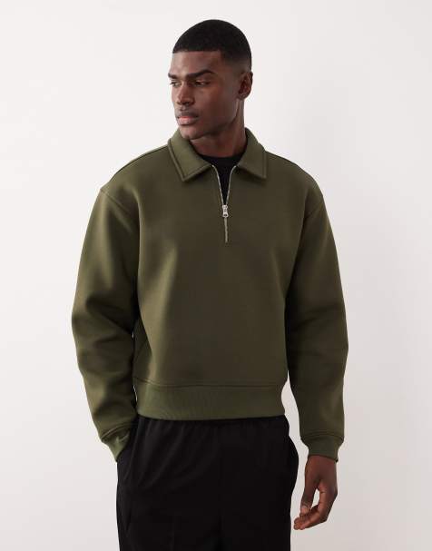 ASOS DESIGN – Kakigrön, kraftig, avslappnad sweatshirt med boxig passform, krage och kort dragkedja i scubaliknande material - view 1