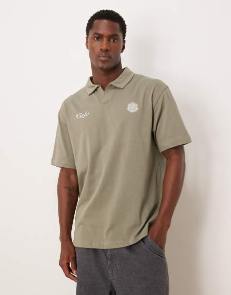 ASOS DESIGN – Kakigrön, kraftig pikétröja med avslappnad passform och tryck på bröstet, 240gsm - view 1