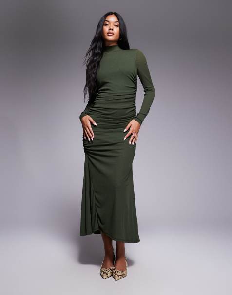 ASOS DESIGN – Kakigrön maxiklänning med hög krage, långa ärmar och asymmetrisk fåll - view 1
