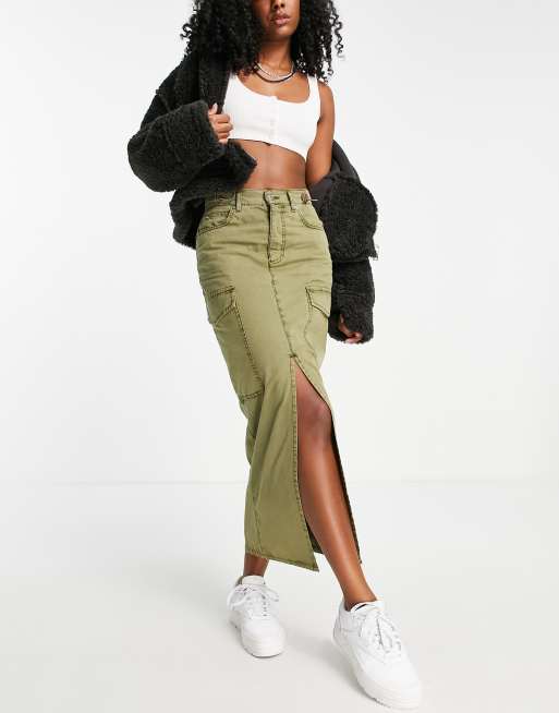 ASOS DESIGN – Kakigrön midikjol i cargostil