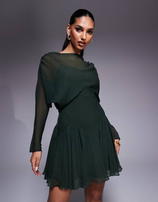 ASOS DESIGN – Kakigrön miniklänning med långa blusärmar och klockad kjol, 4 av 4
