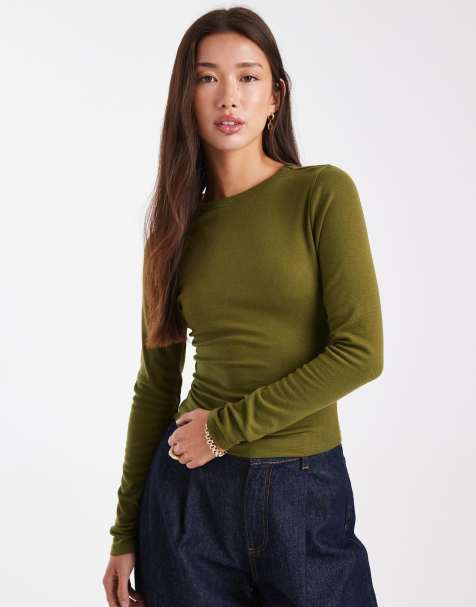 ASOS DESIGN – Kakigrön, mjuk, krympt t-shirt med långa ärmar - view 1