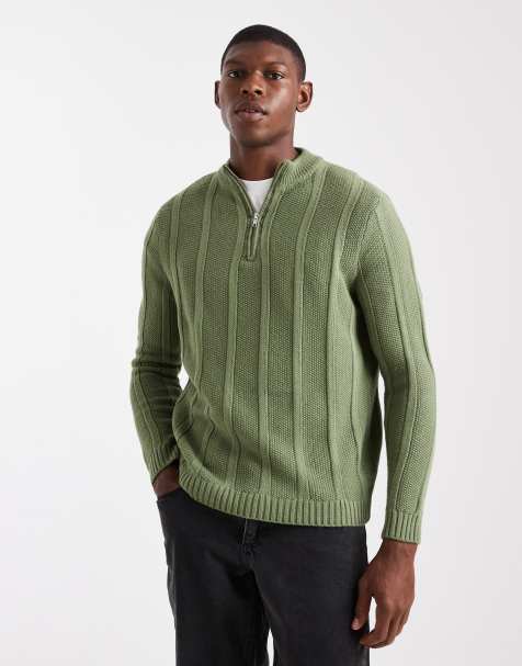 ASOS DESIGN – Kakigrön, randig, stickad tröja med ståkrage och dragkedja i halsen - view 1