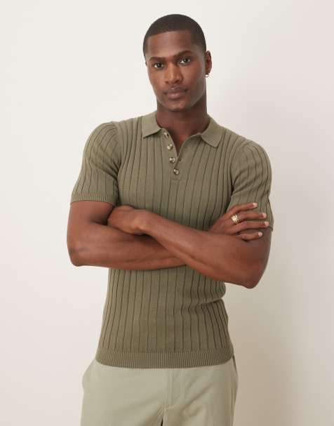 ASOS DESIGN – Kakigrön, ribbstickad pikétröja i muscle fit - view 1