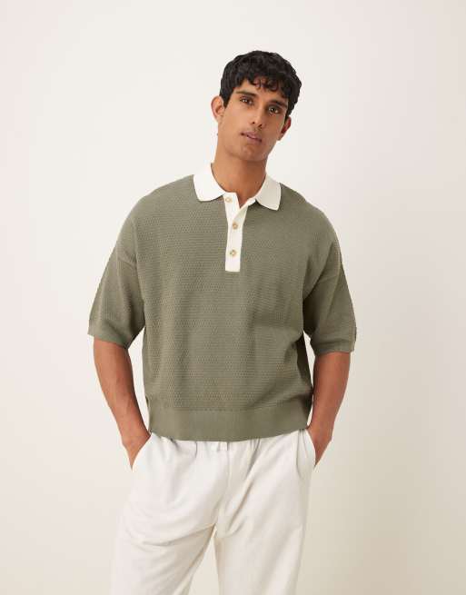 ASOS DESIGN – Kakigrön, stickad pikétröja i oversize med kontrastfärgad krage, 2 av 4