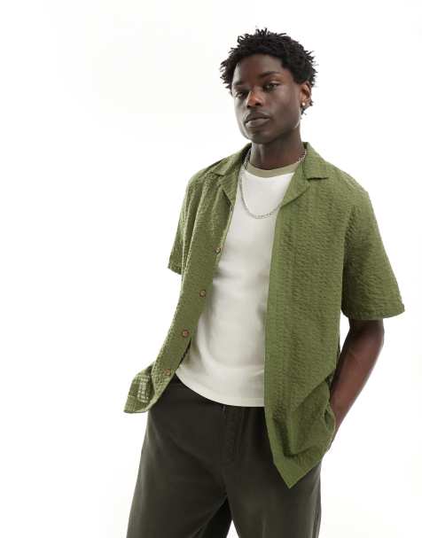 ASOS DESIGN – Kakigrön, strukturerad skjorta i oversize med korta ärmar i 90-talsstil i kräpp - view 1